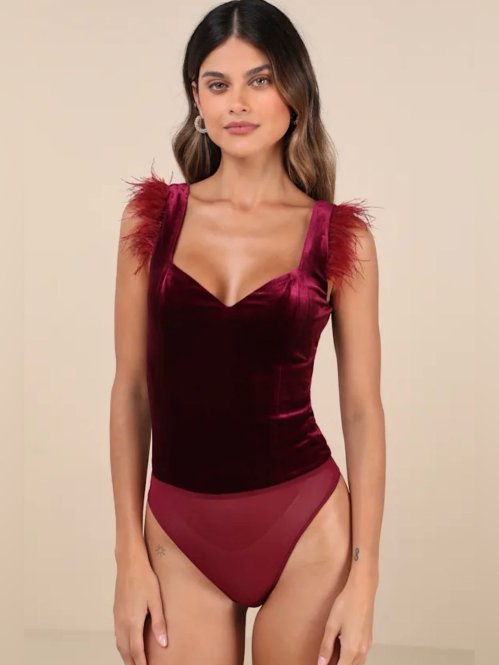 NWT Lulu's Burgundy Velvet Feather-Trim Bodysuit - Large